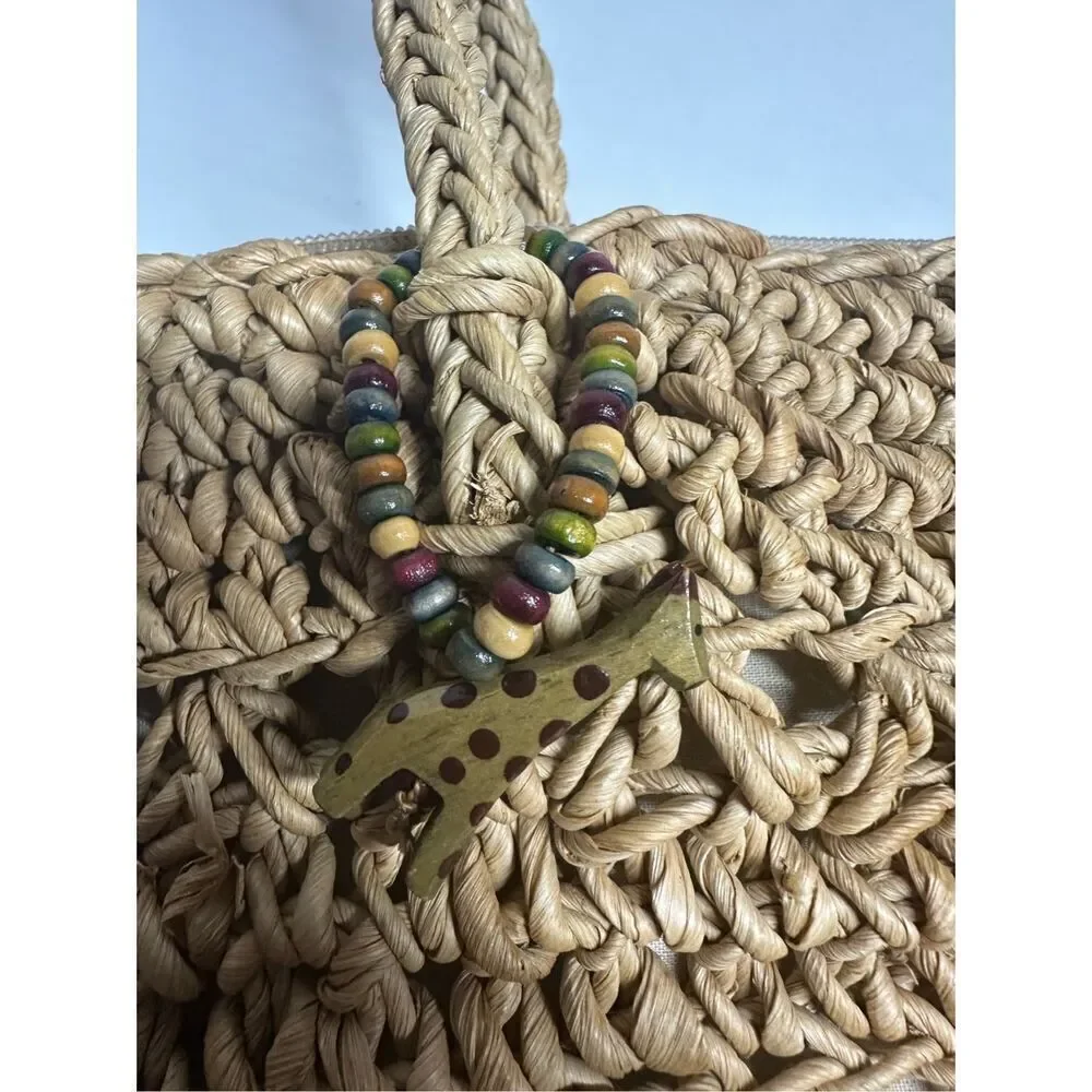 Vintage Cappelli Straworld Inc Large Tote With Safari Animal Wood Beads Notes